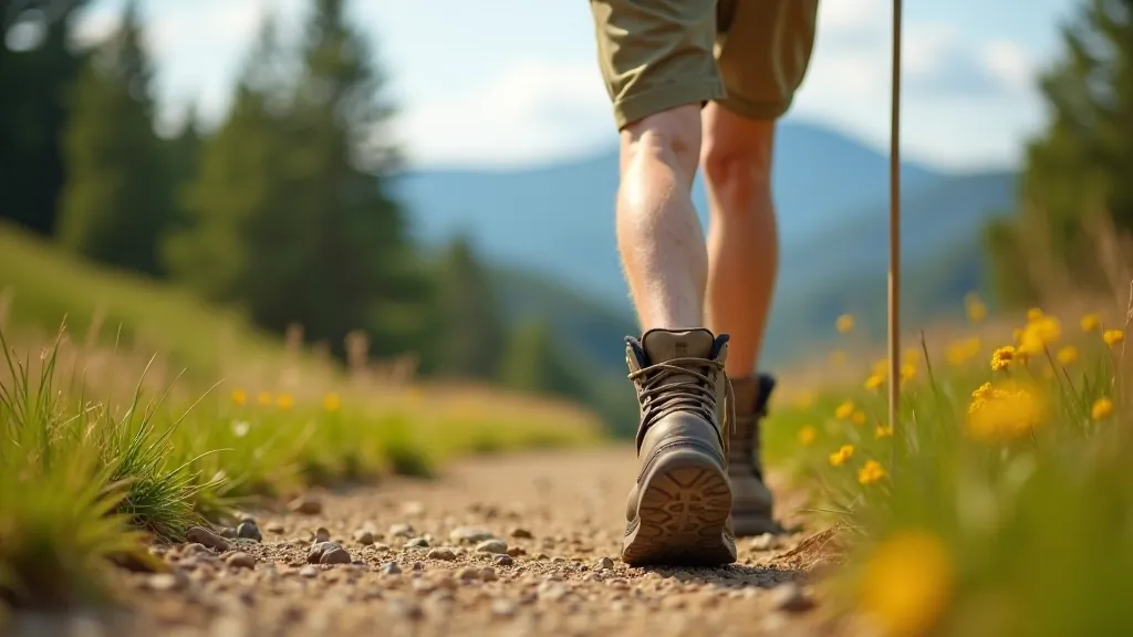 Starší osoba v trekingových botách a sportovním vybavení na horské cestě